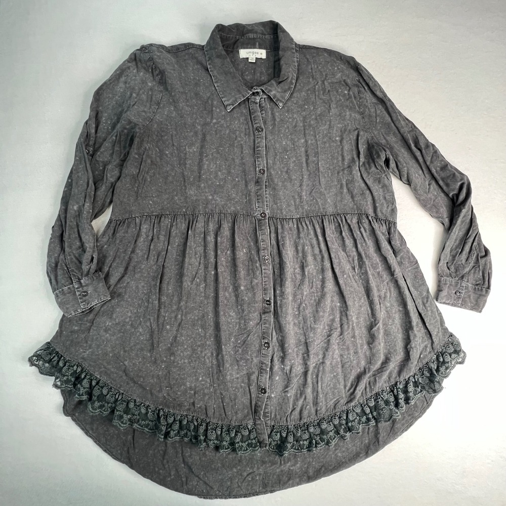 Umgee USA Womens 1XL Gray Acid Wash Babydoll Tunic Lace Trim Roll Tab Boho Fairy